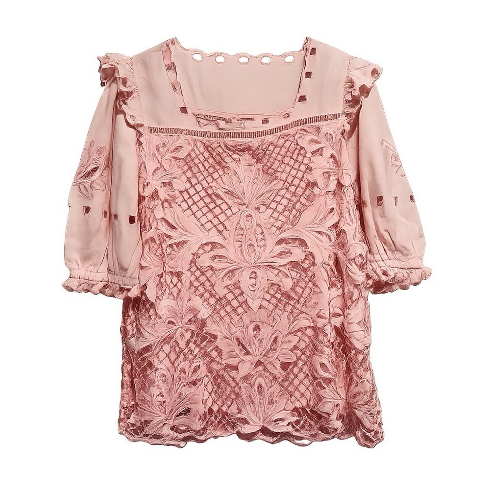 Sundance Shirt Womens Large Pink Lace Eyelet Floral Ruffle Blouse Linen Cotton